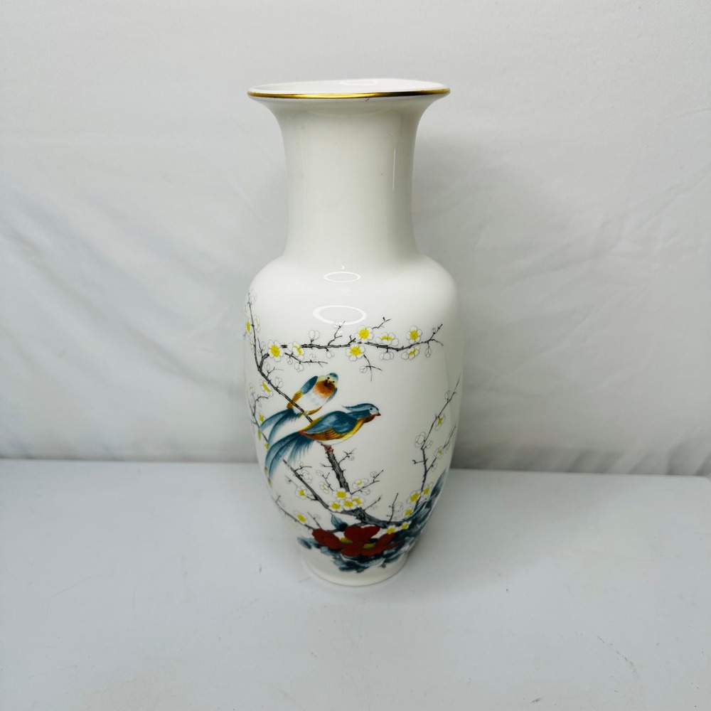 Jay Japan Fine China Vase Birds and Blossoms Gold Trim White Porcelain 10.5 Inch